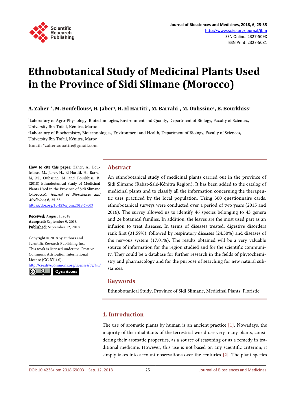 Ethnobotanical Study of Medicinal Plants Used in the Province of Sidi Slimane (Morocco)