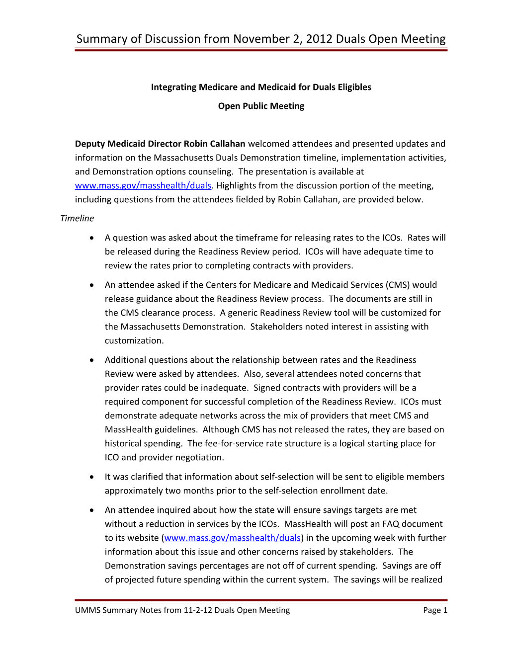 Summary of Discussion from December 7, 2012 Duals Open Meeting