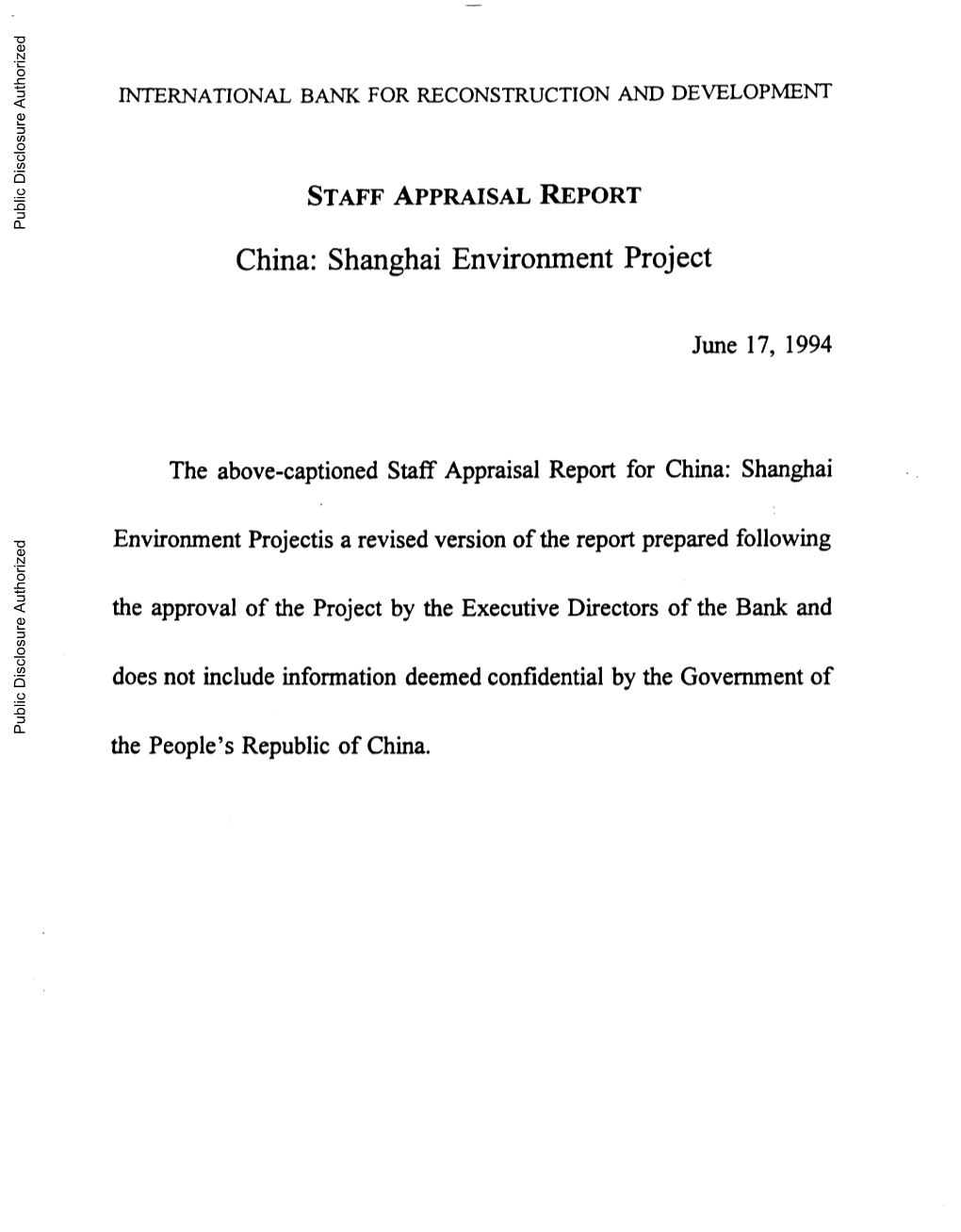 STAFF APPRAISAL REPORT Public Disclosure Authorized China: Shanghai Environment Project
