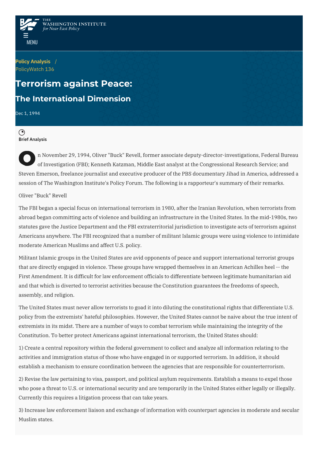 Terrorism Against Peace: the International Dimension