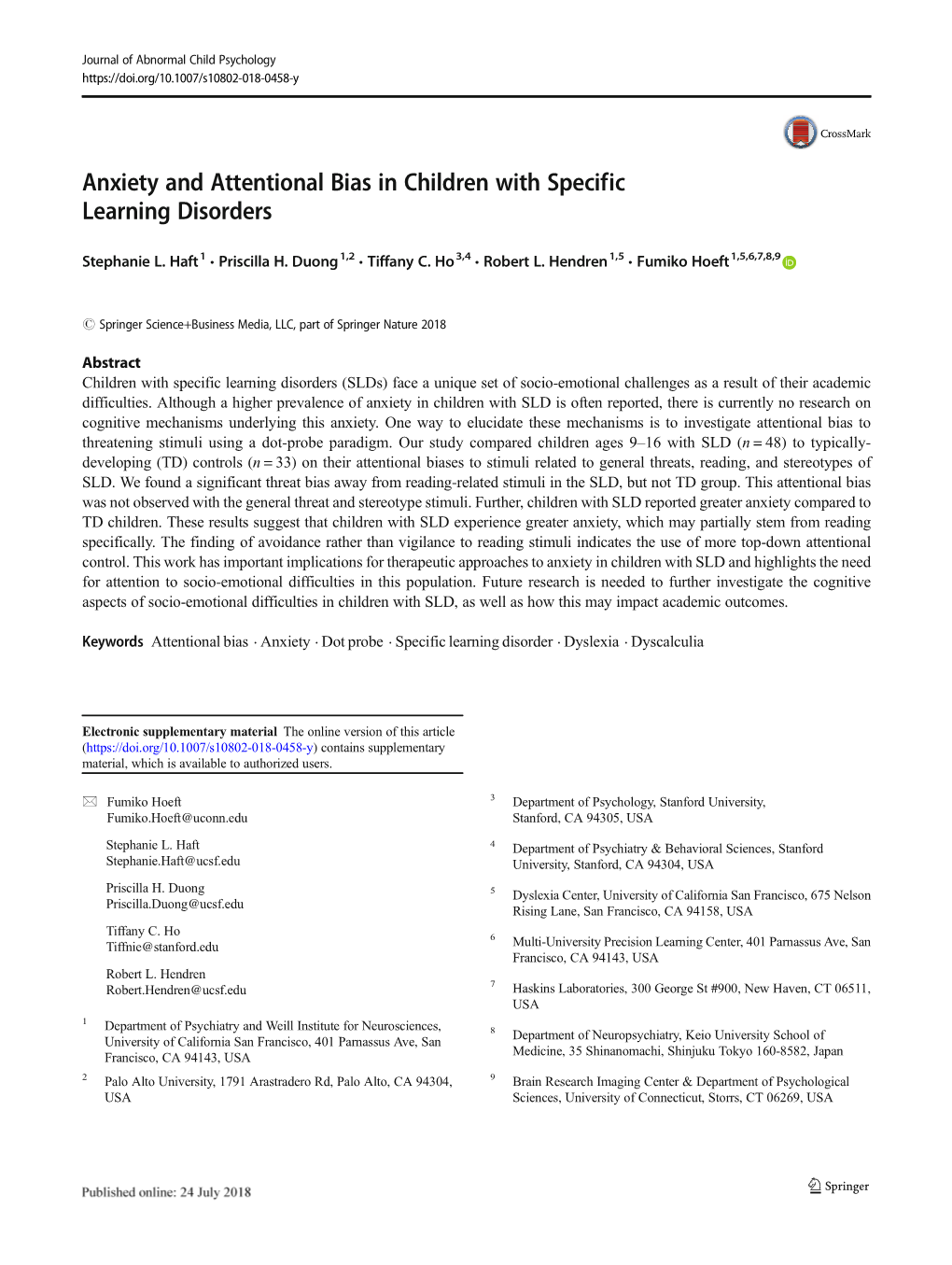 Anxiety and Attentional Bias in Children with Specific Learning Disorders
