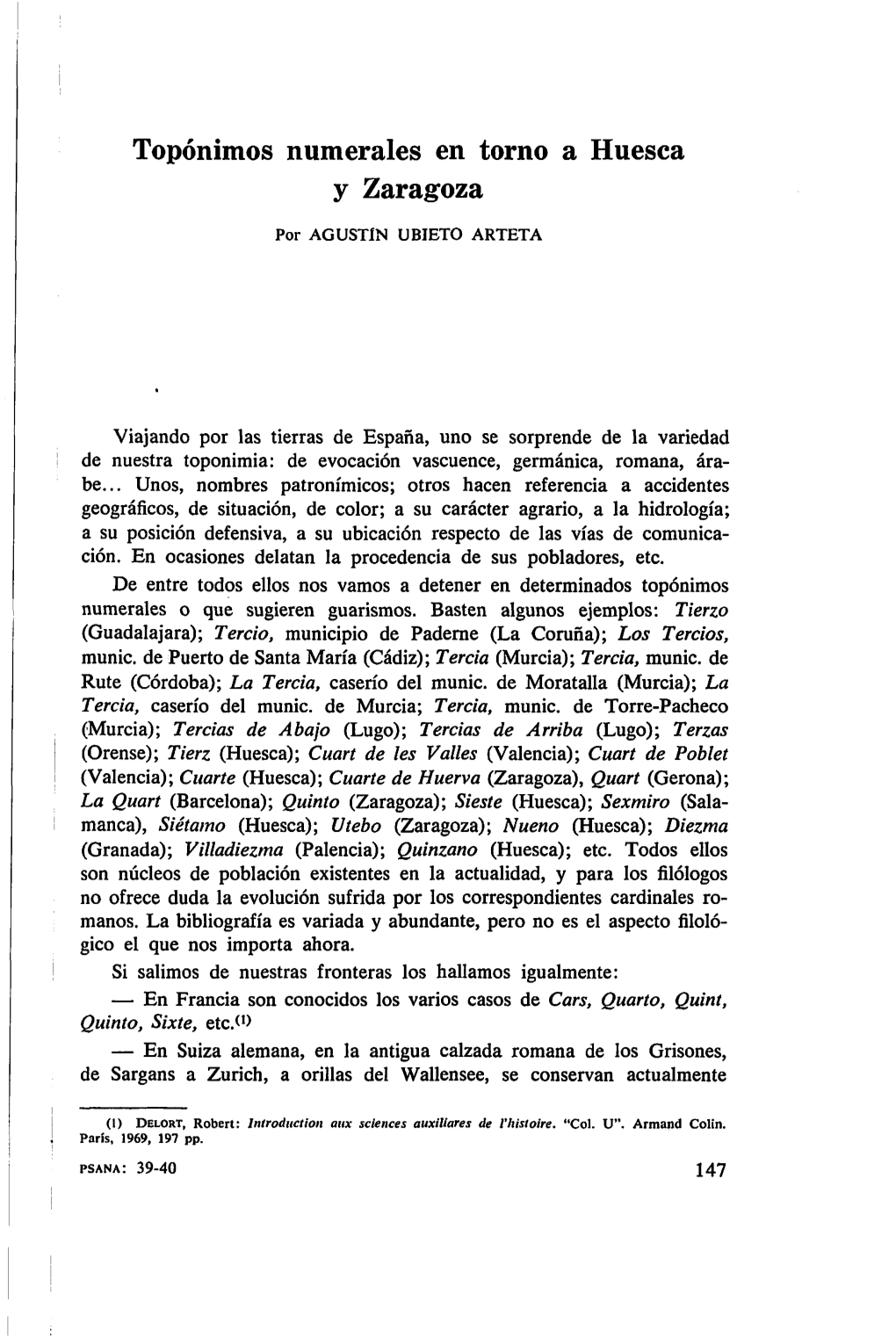 Topónimos Numerales En Torno a Huesca Y Zaragoza