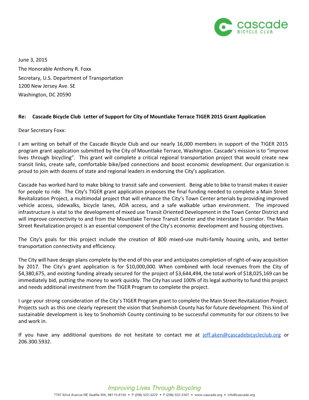 Cascade Bicycle Club Letter of Support for City of Mountlake Terrace TIGER 2015 Grant Application