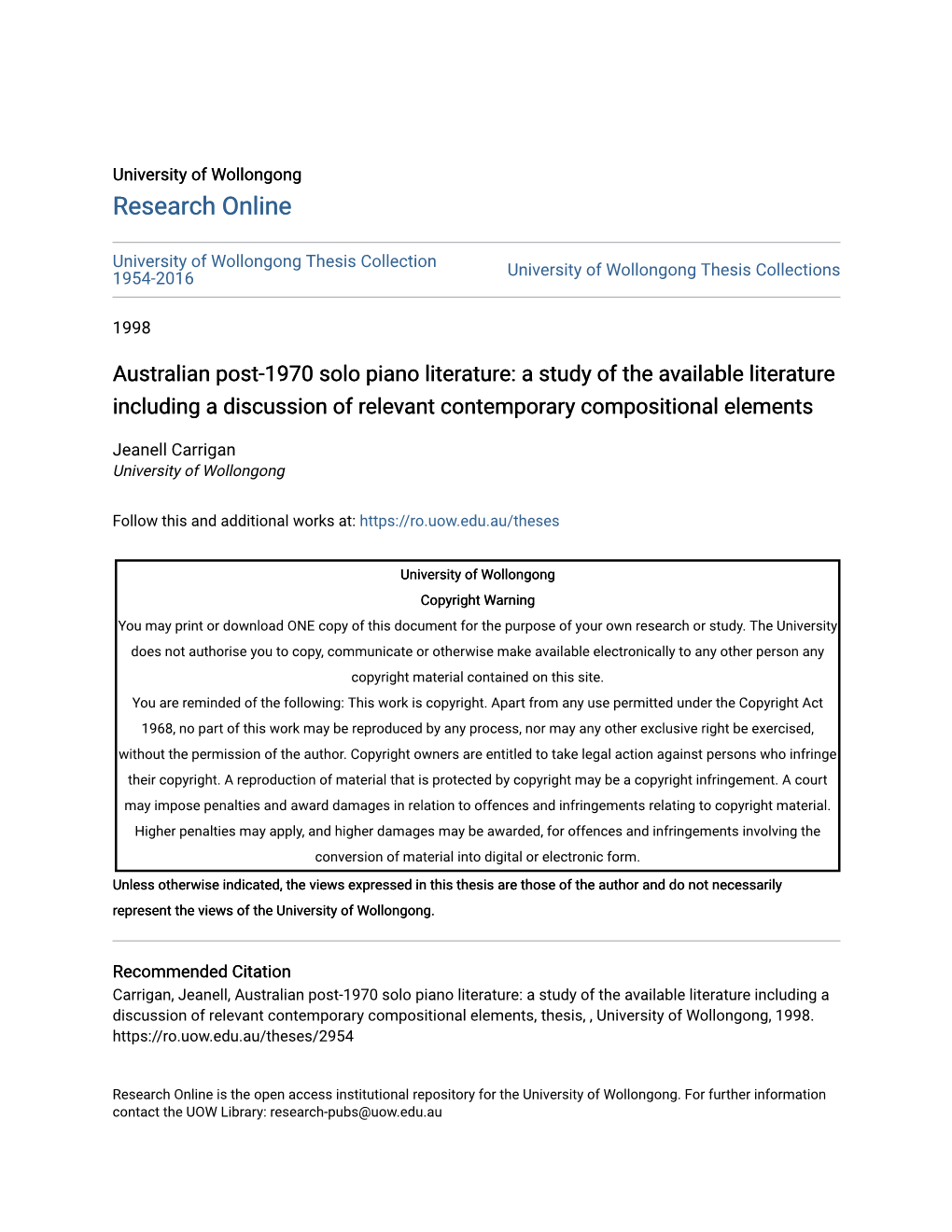 Australian Post-1970 Solo Piano Literature: a Study of the Available Literature Including a Discussion of Relevant Contemporary Compositional Elements