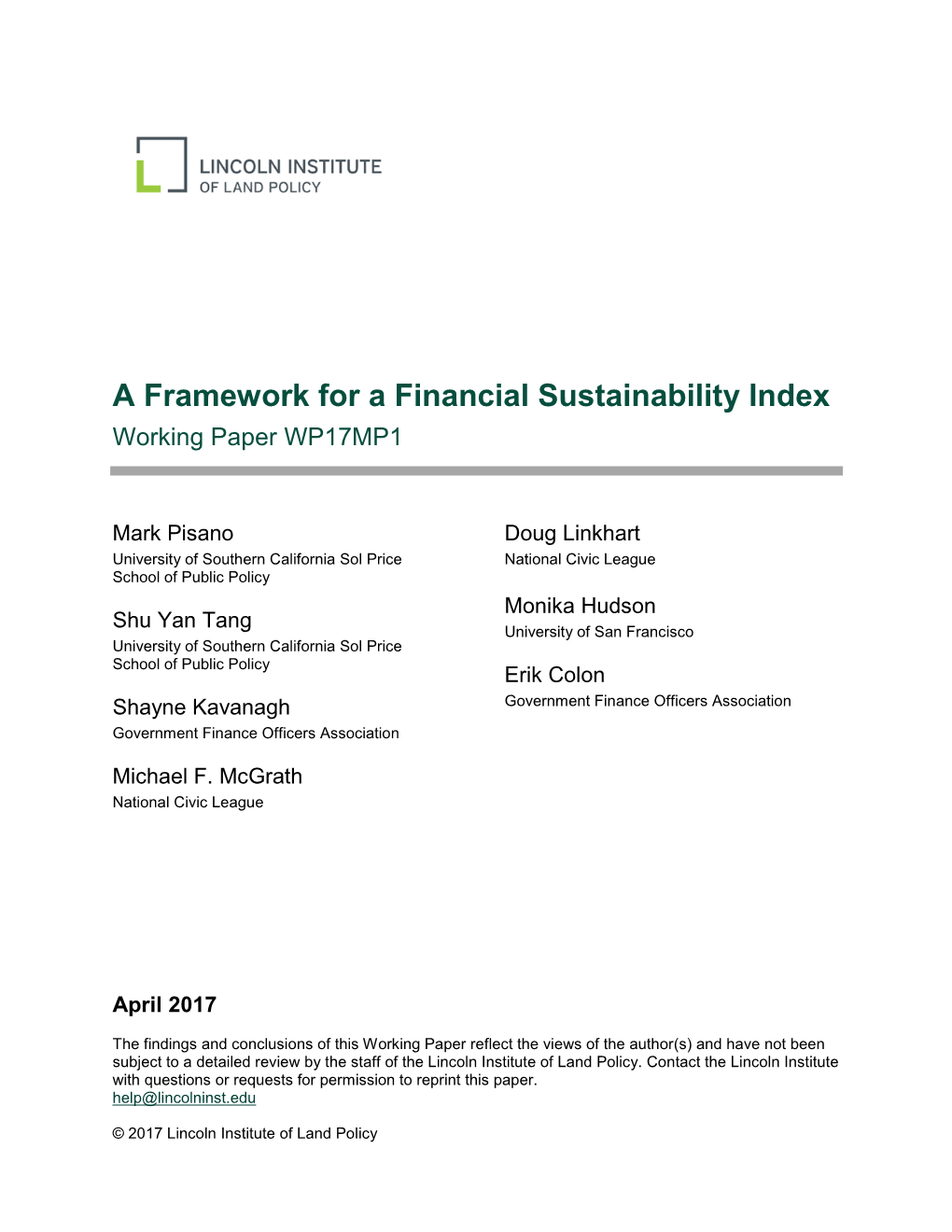 A Framework for a Financial Sustainability Index Working Paper WP17MP1