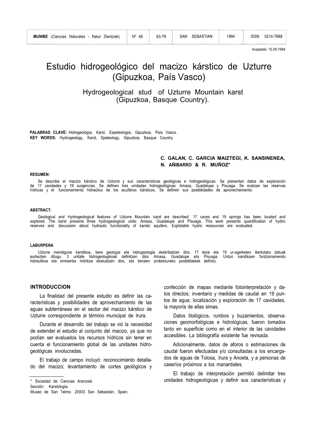 Estudio Hidrogeológico Del Macizo Kárstico De Uzturre (Gipuzkoa, País Vasco) Hydrogeological Stud of Uzturre Mountain Karst (Gipuzkoa, Basque Country)