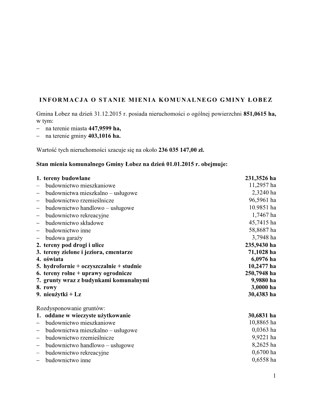 1 INFORMACJA O STANIE MIENIA KOMUNALNEGO GMINY ŁOBEZ Gmina Łobez Na Dzień 31.12.2015 R. Posiada Nieruchomości O Ogólnej