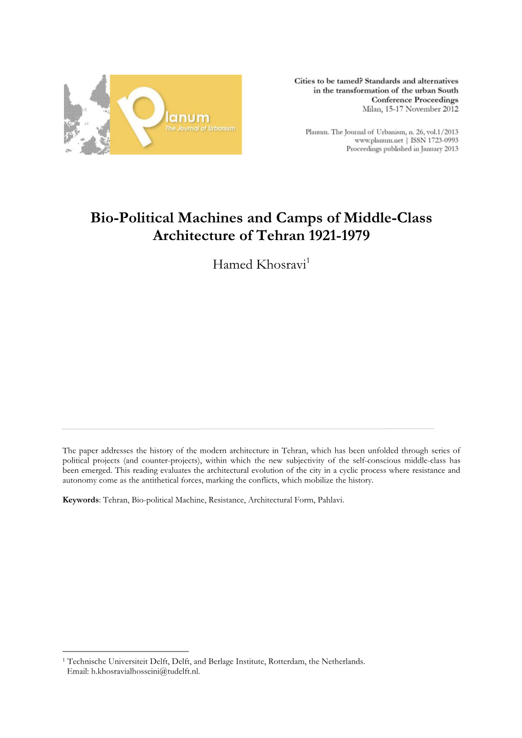 Bio-Political Machines and Camps of Middle-Class Architecture of Tehran 1921-1979