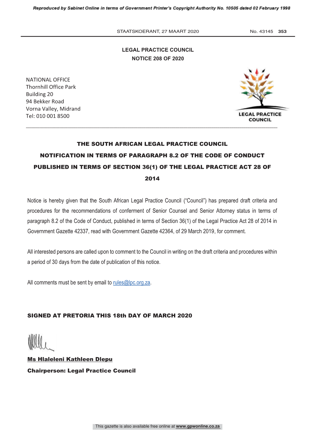 Legal Practice Council Notice 208 of 2020