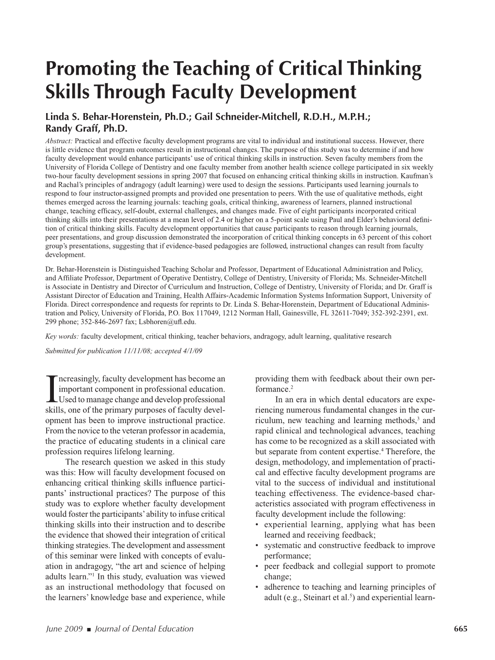 Promoting the Teaching of Critical Thinking Skills Through Faculty Development Linda S