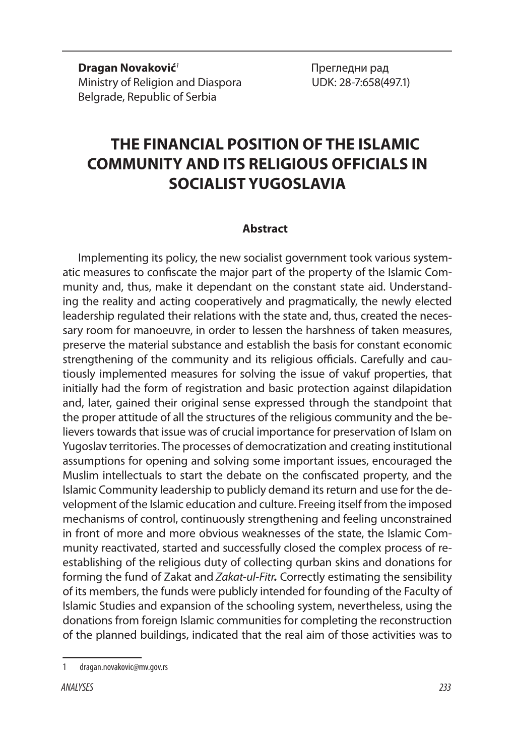 The Financial Position of the Islamic Community and Its Religious Officials in Socialist Yugoslavia