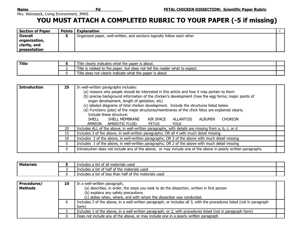 Name Pd FETAL CHICKEN DISSECTION: Scientific Paper Rubric