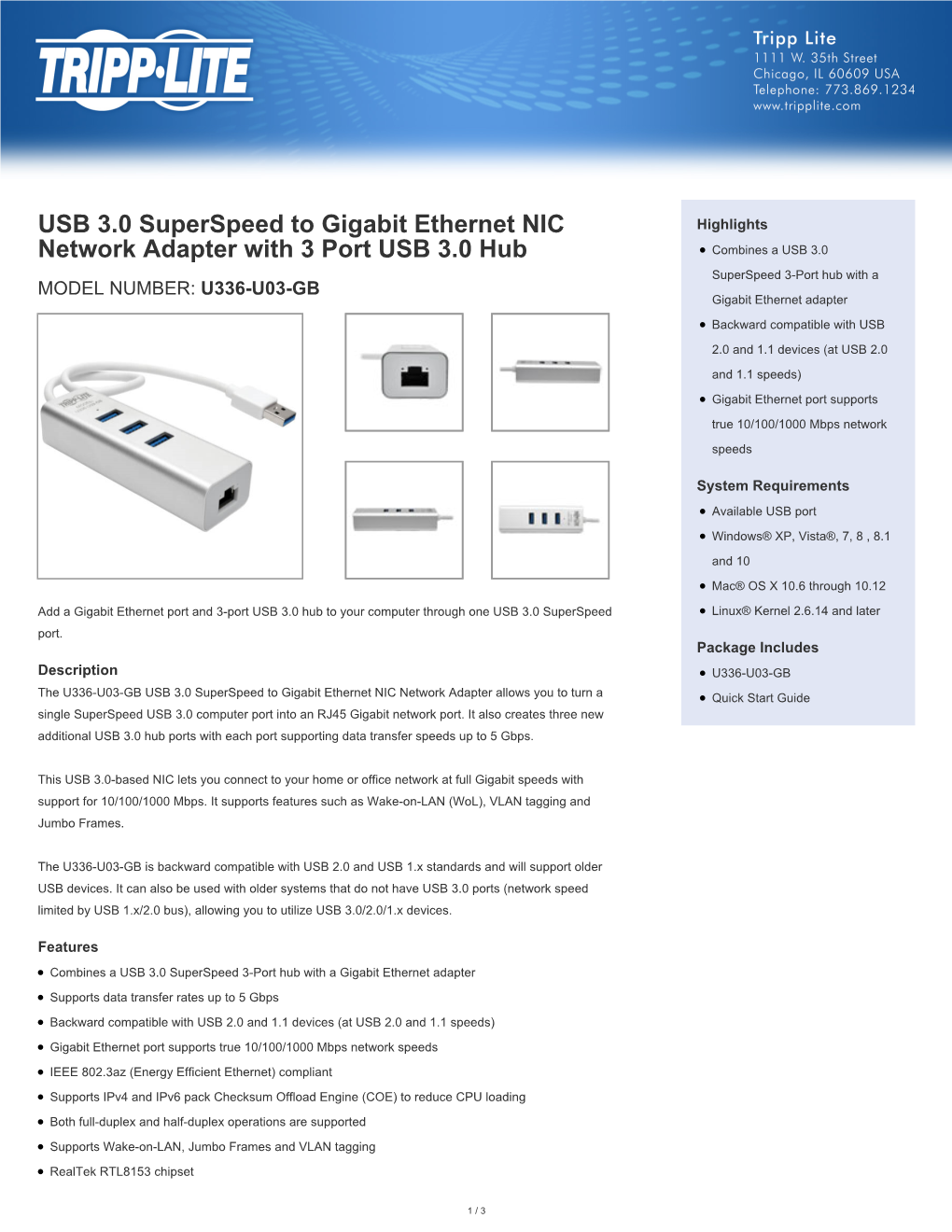 USB 3.0 Superspeed to Gigabit Ethernet NIC Network Adapter With