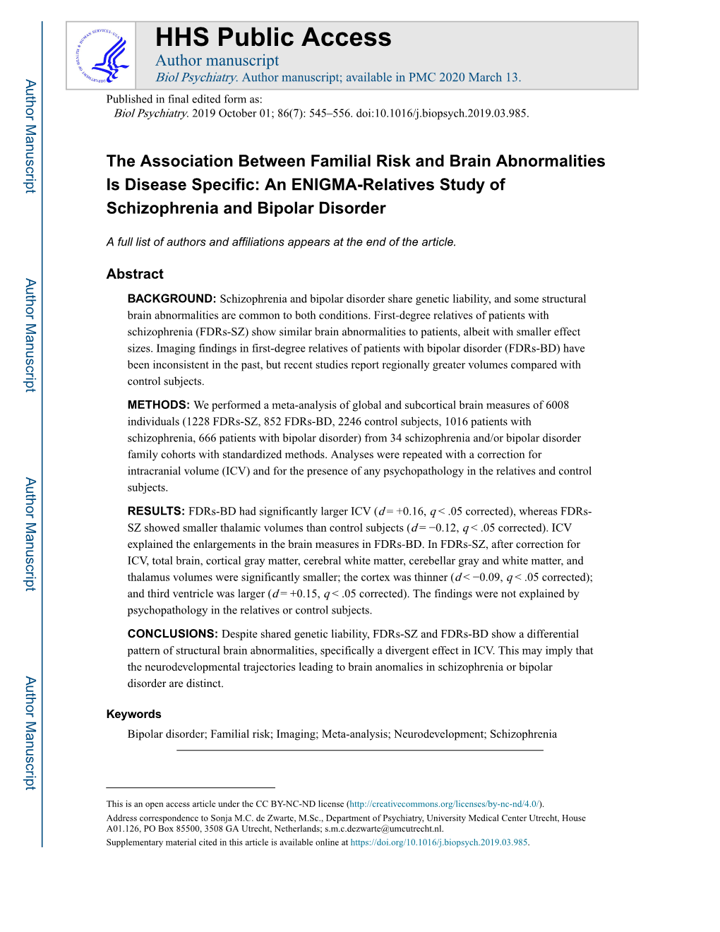 The Association Between Familial Risk and Brain Abnormalities Is Disease Specific: an ENIGMA-Relatives Study of Schizophrenia and Bipolar Disorder