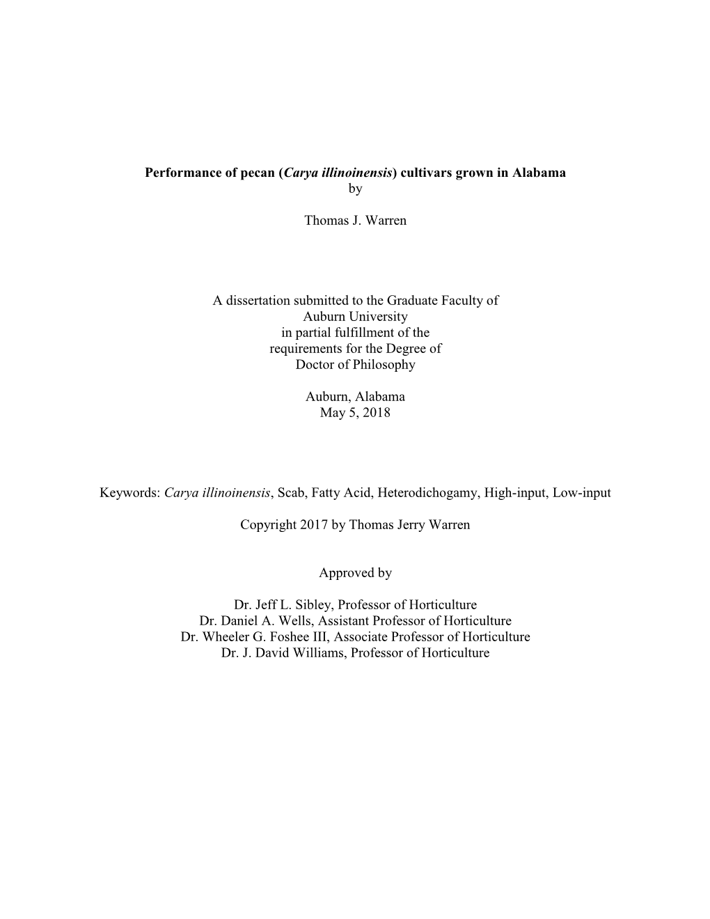 Performance of Pecan (Carya Illinoinensis) Cultivars Grown in Alabama By