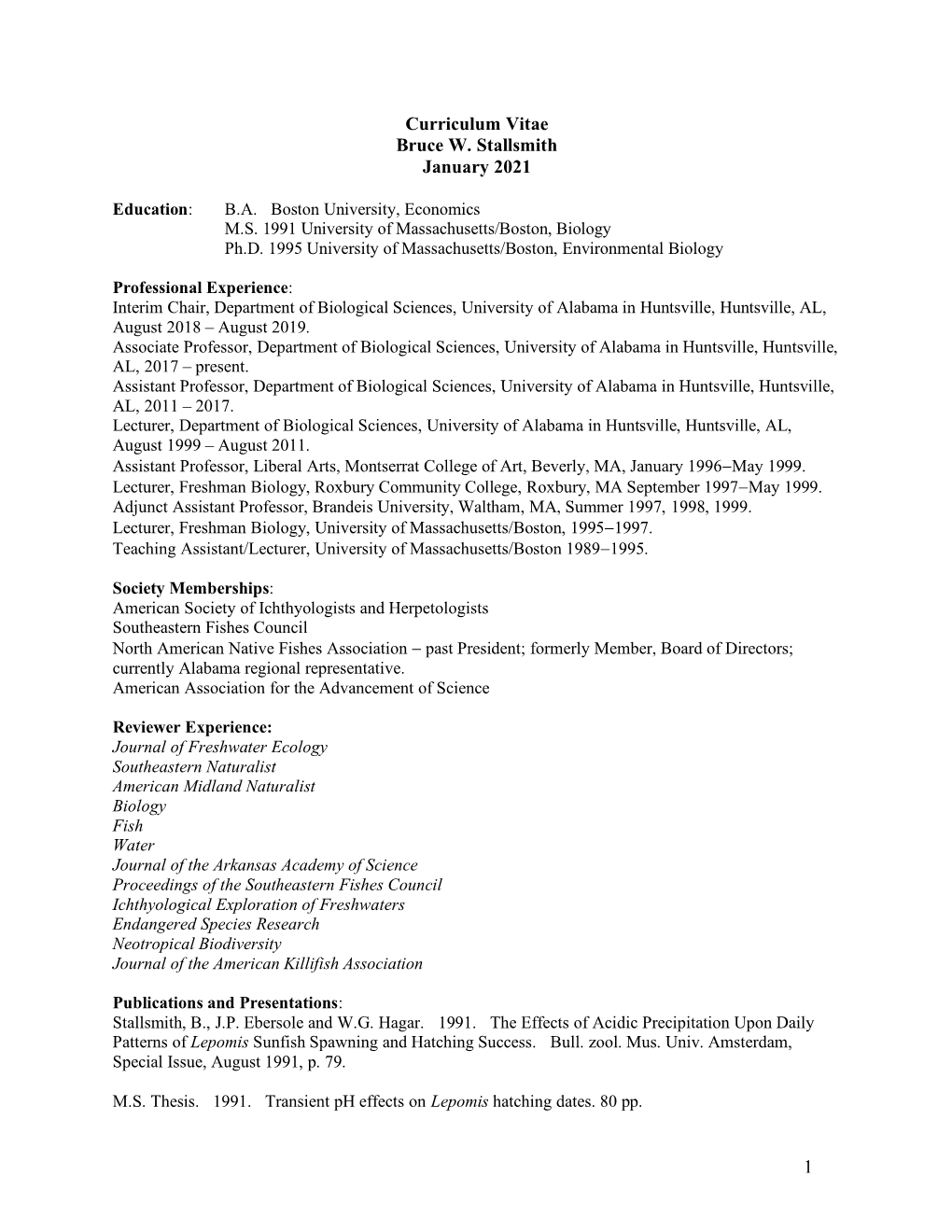 Dr. Bruce Stallsmith's Curriculum Vitae