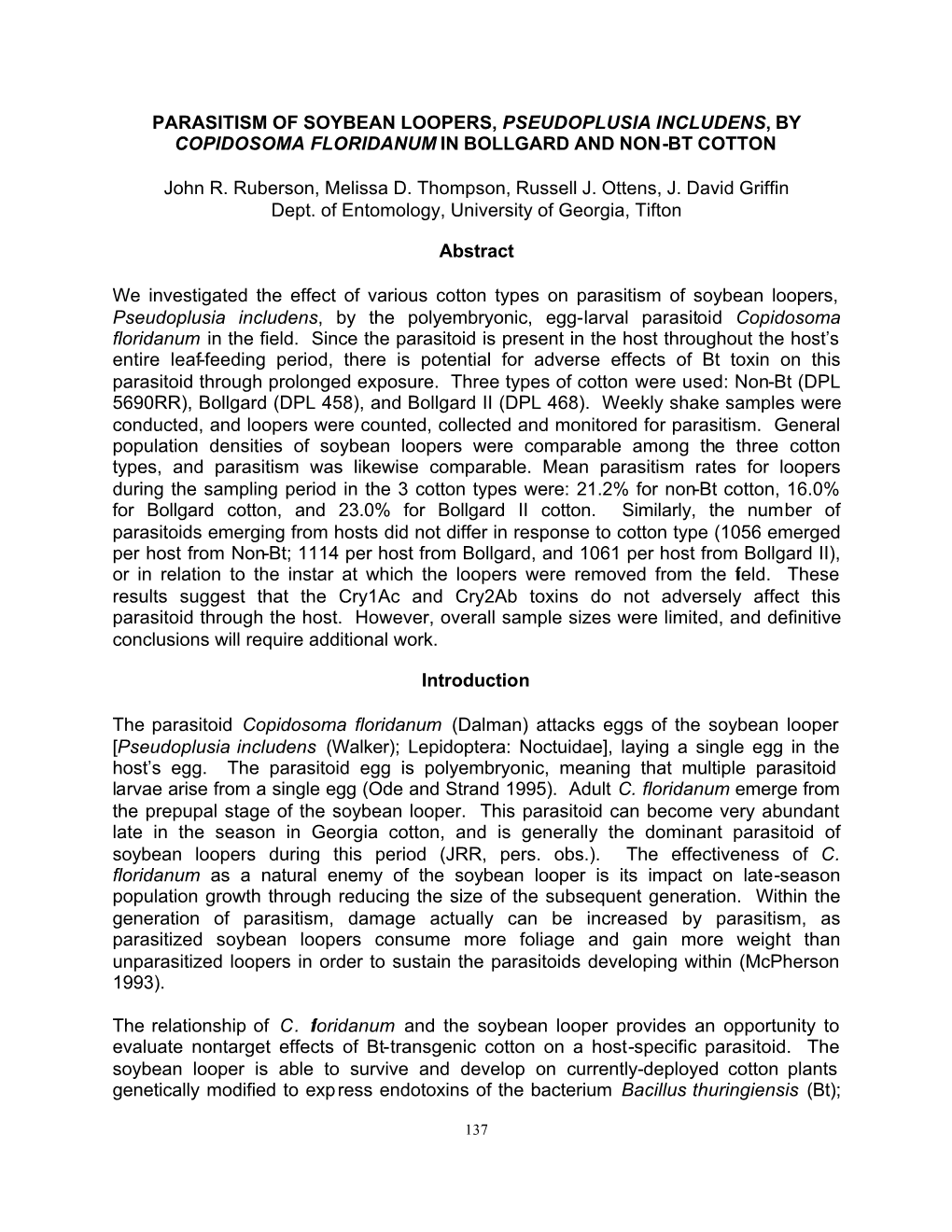 Parasitism of Soybean Loopers, Pseudoplusia Includens, by Copidosoma Floridanum in Bollgard and Non-Bt Cotton