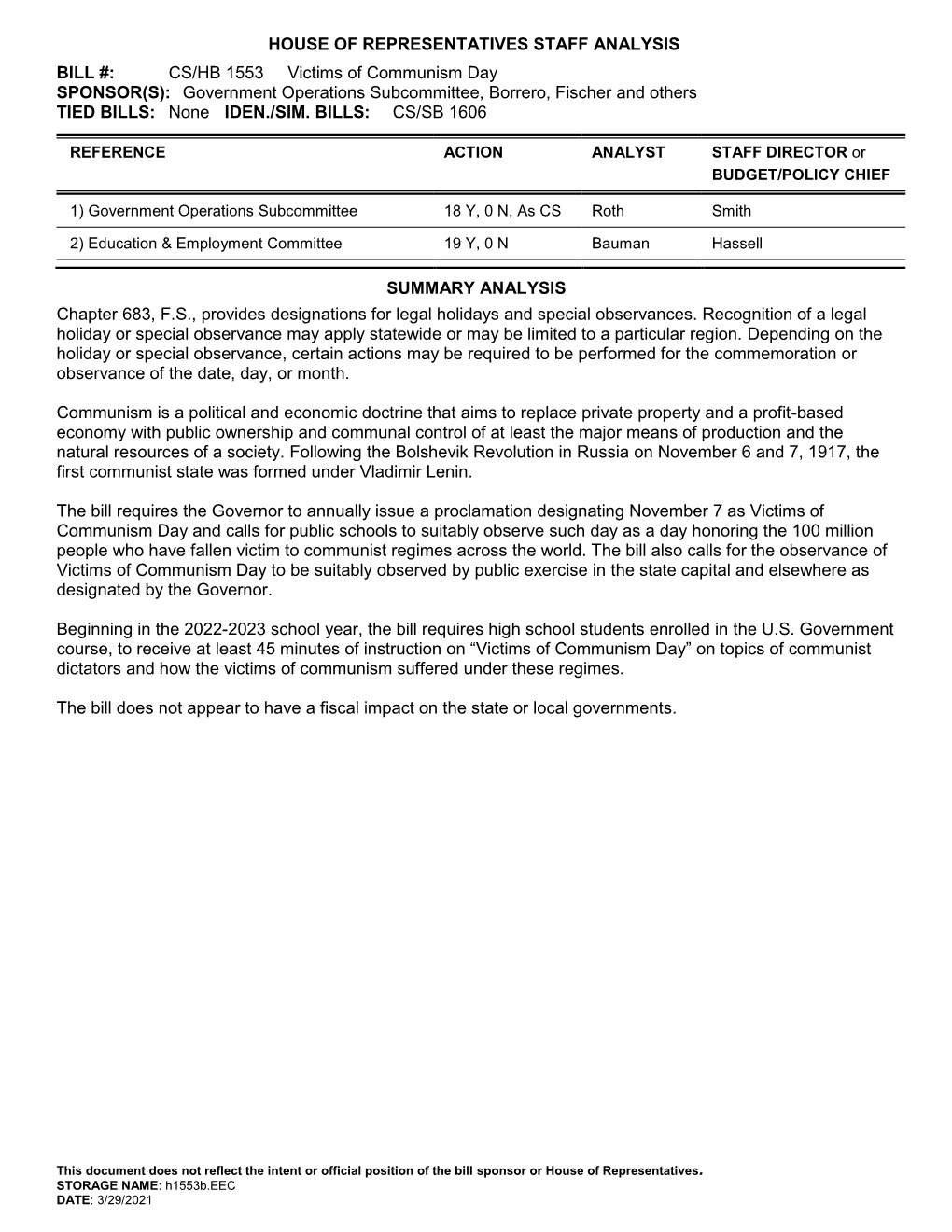 CS/HB 1553 Victims of Communism Day SPONSOR(S): Government Operations Subcommittee, Borrero, Fischer and Others TIED BILLS: None IDEN./SIM