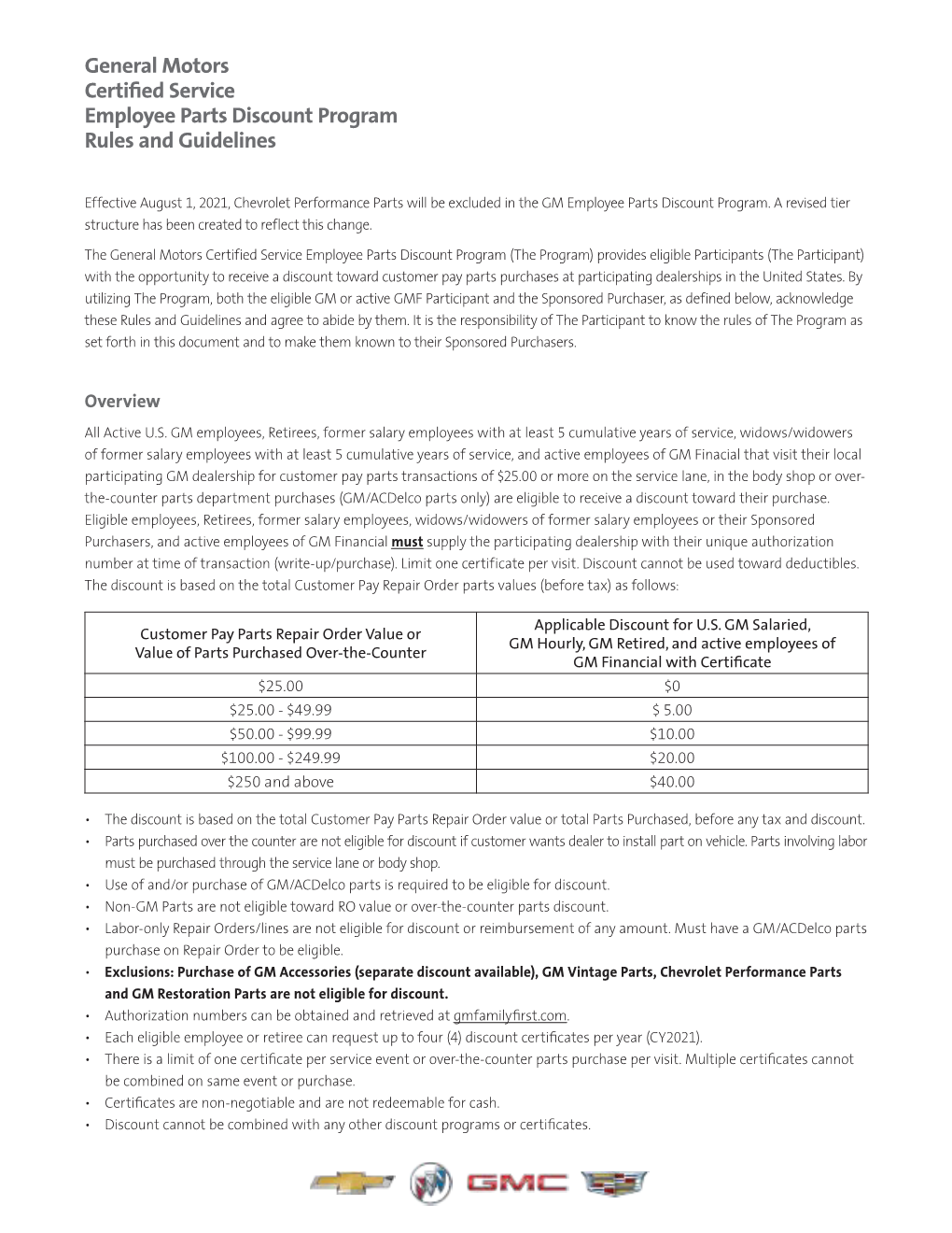 General Motors Certified Service Employee Parts Discount Program Rules and Guidelines