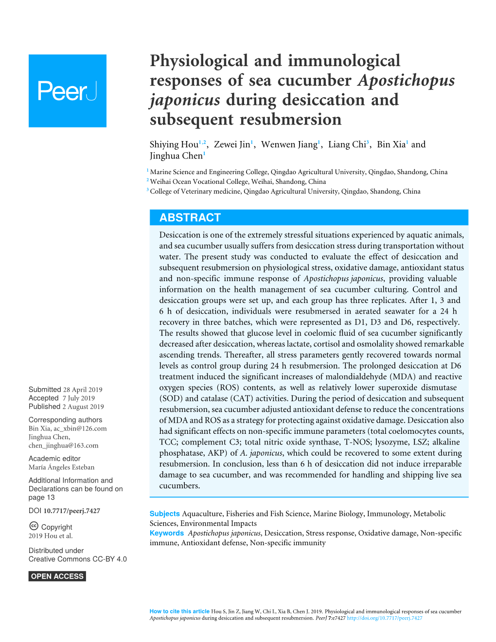 Physiological and Immunological Responses of Sea Cucumber Apostichopus Japonicus During Desiccation and Subsequent Resubmersion