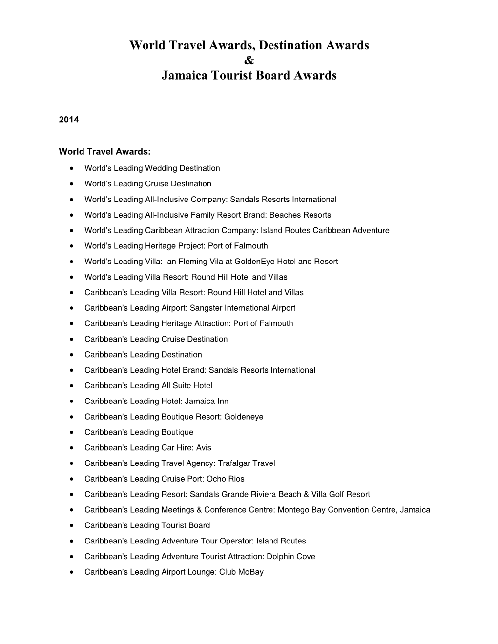 World Travel Awards, Destination Awards & Jamaica Tourist Board Awards