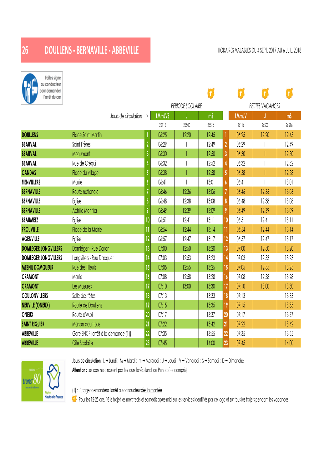 26 Doullens - Bernaville - Abbeville Horaires Valables Du 4 Sept