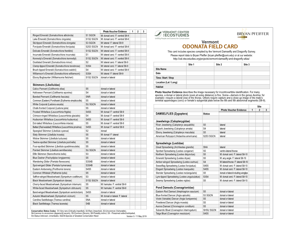 Odonata Field Card