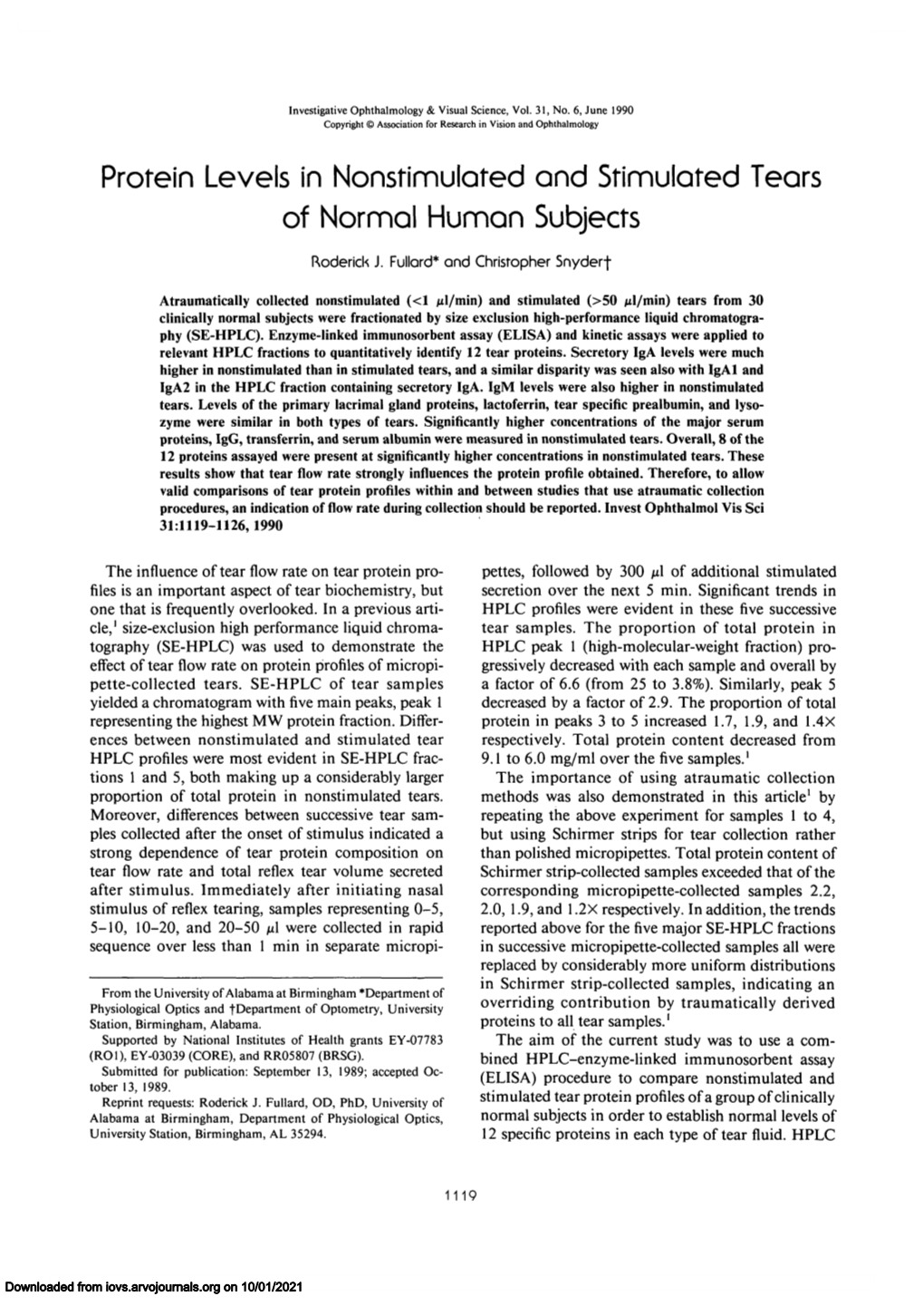 Protein Levels in Nonstimulated and Stimulated Tears of Normal Human Subjects