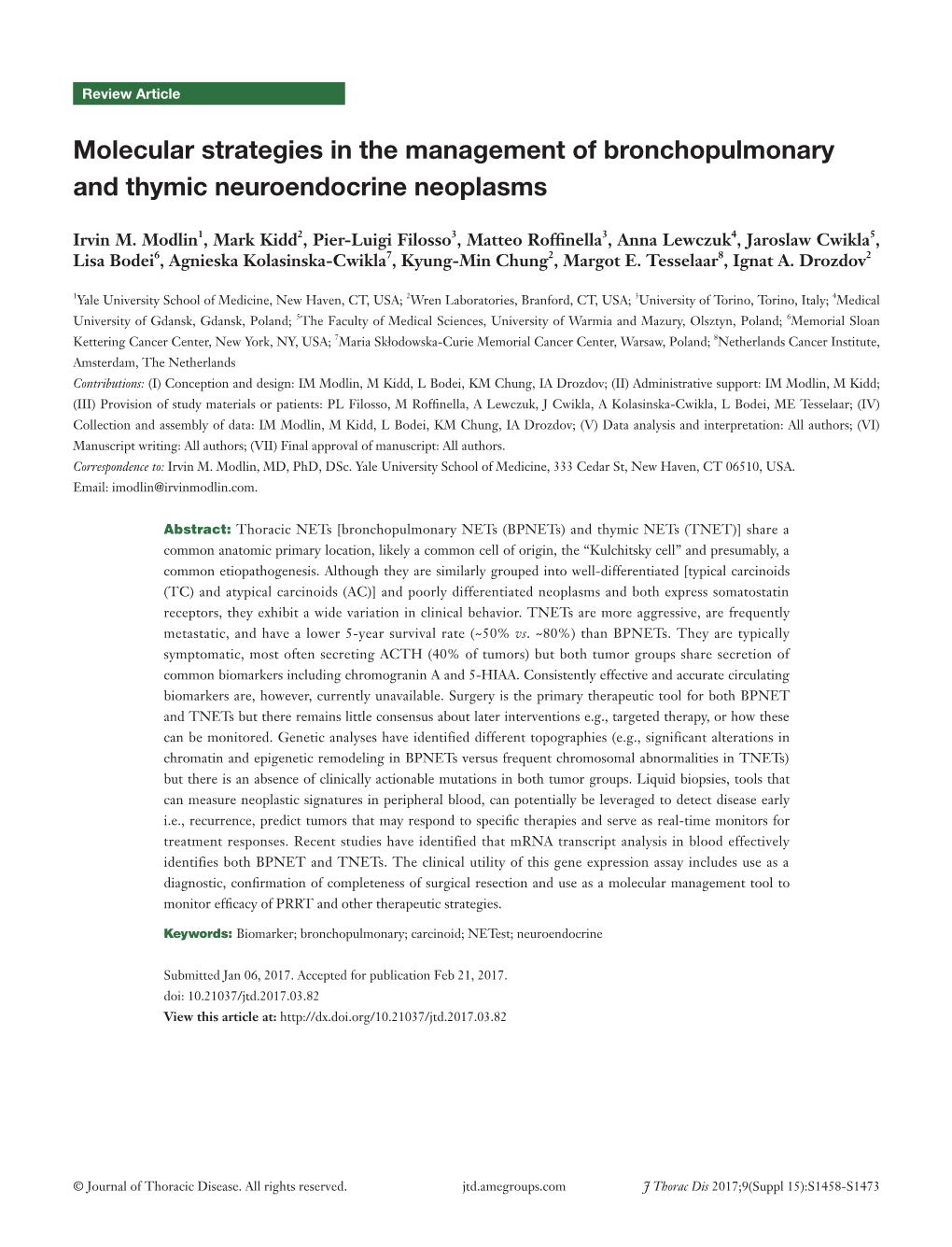 Molecular Strategies in the Management of Bronchopulmonary and Thymic Neuroendocrine Neoplasms