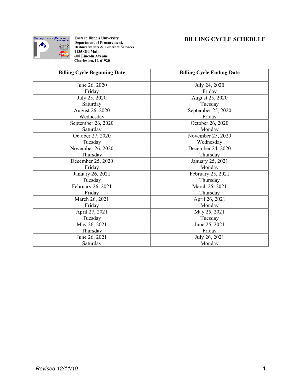 BILLING CYCLE SCHEDULE Department of Procurement, Disbursements & Contract Services 1135 Old Main 600 Lincoln Avenue Charleston, IL 61920