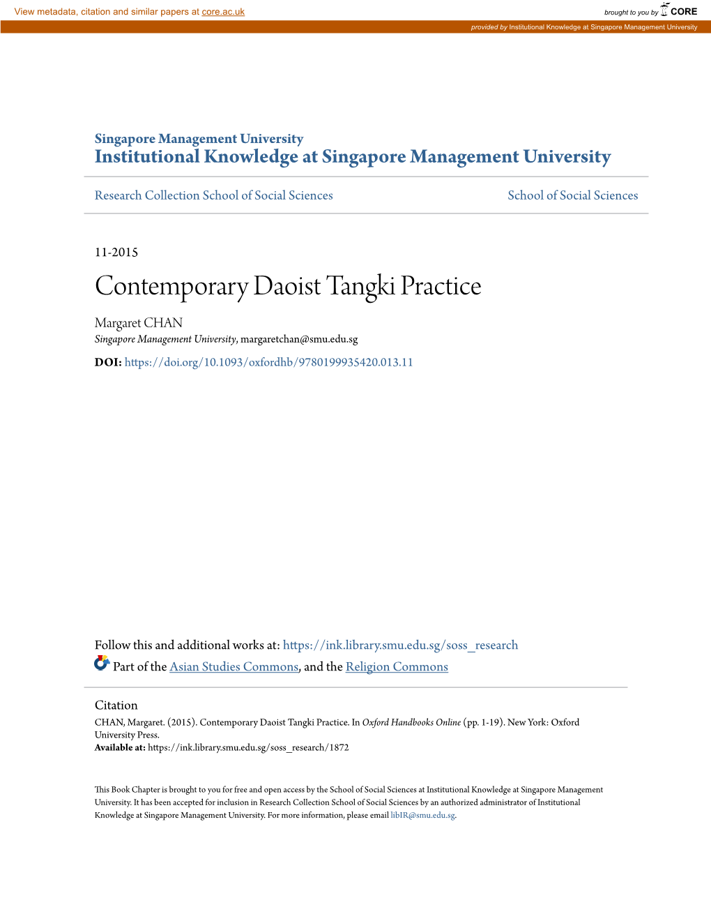 Contemporary Daoist Tangki Practice Margaret CHAN Singapore Management University, Margaretchan@Smu.Edu.Sg DOI