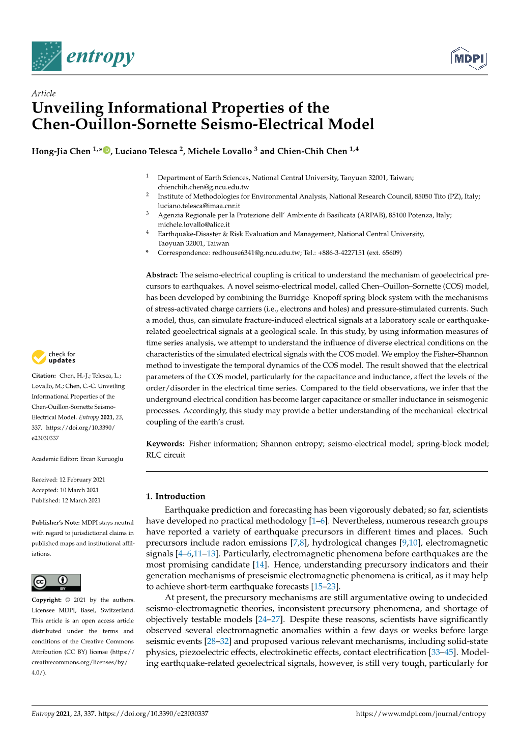 Unveiling Informational Properties of the Chen-Ouillon-Sornette Seismo-Electrical Model