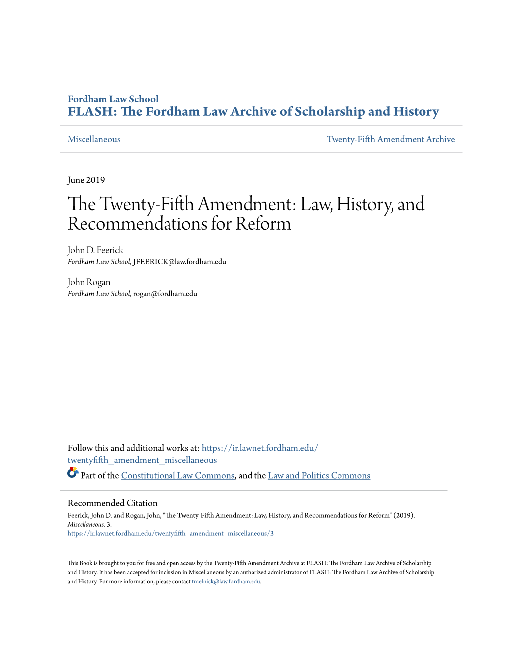 The Twenty-Fifth Amendment Archive at FLASH: the Orf Dham Law Archive of Scholarship and History