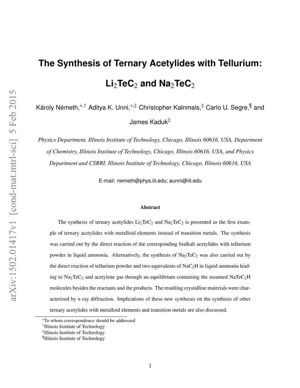 The Synthesis of Ternary Acetylides with Tellurium: Li2tec2 And