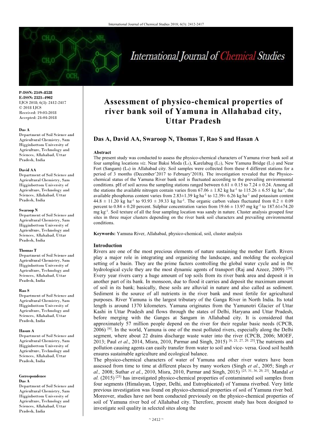 Assessment of Physico-Chemical Properties of River Bank Soil of Yamuna in Allahabad City, Uttar Pradesh