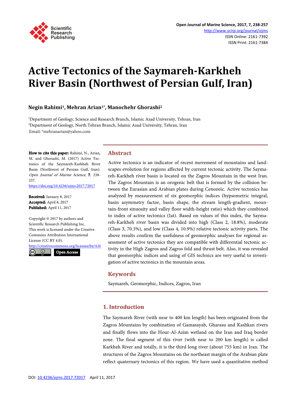 Active Tectonics of the Saymareh-Karkheh River Basin (Northwest of Persian Gulf, Iran)