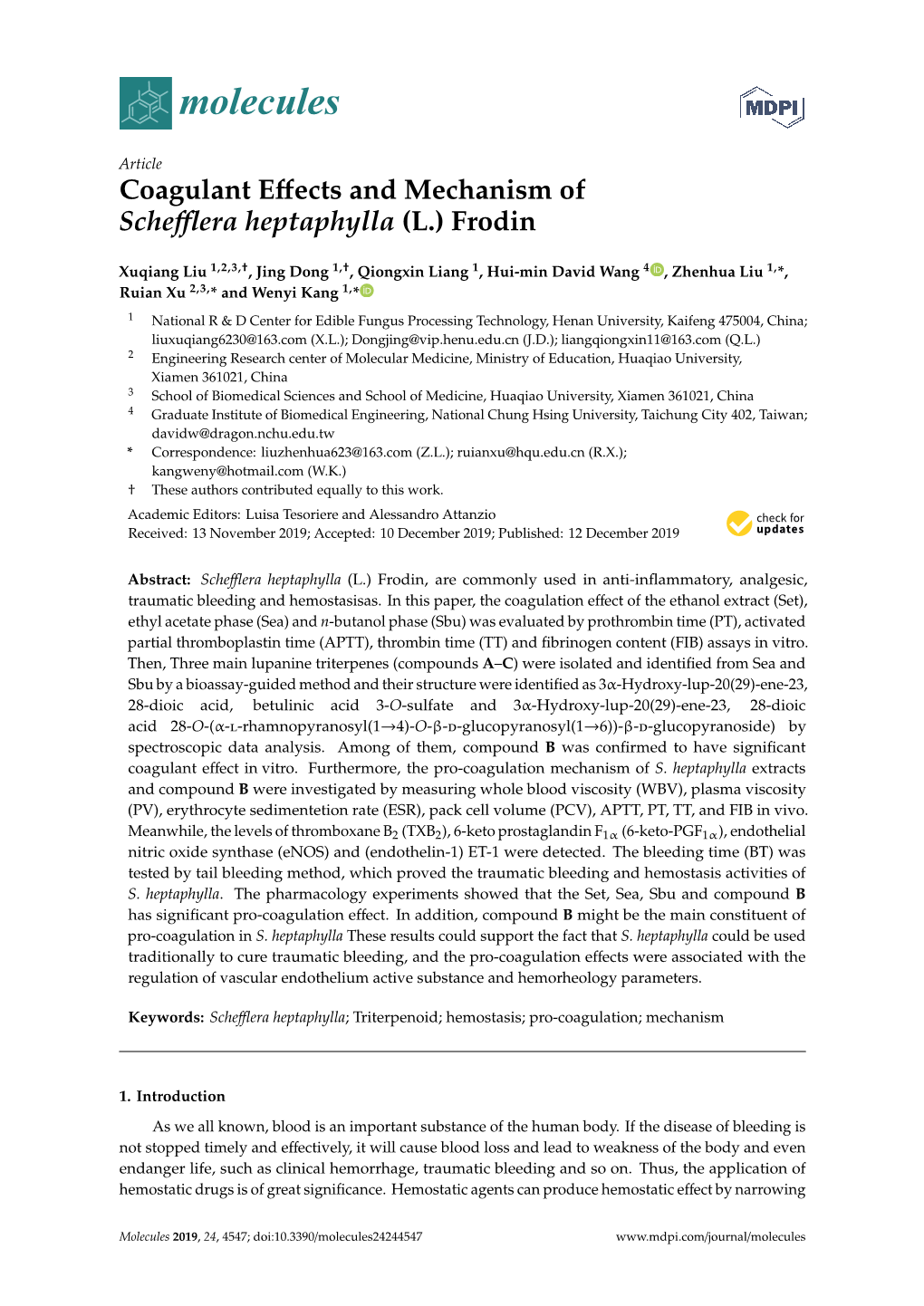 Coagulant Effects and Mechanism of Schefflera