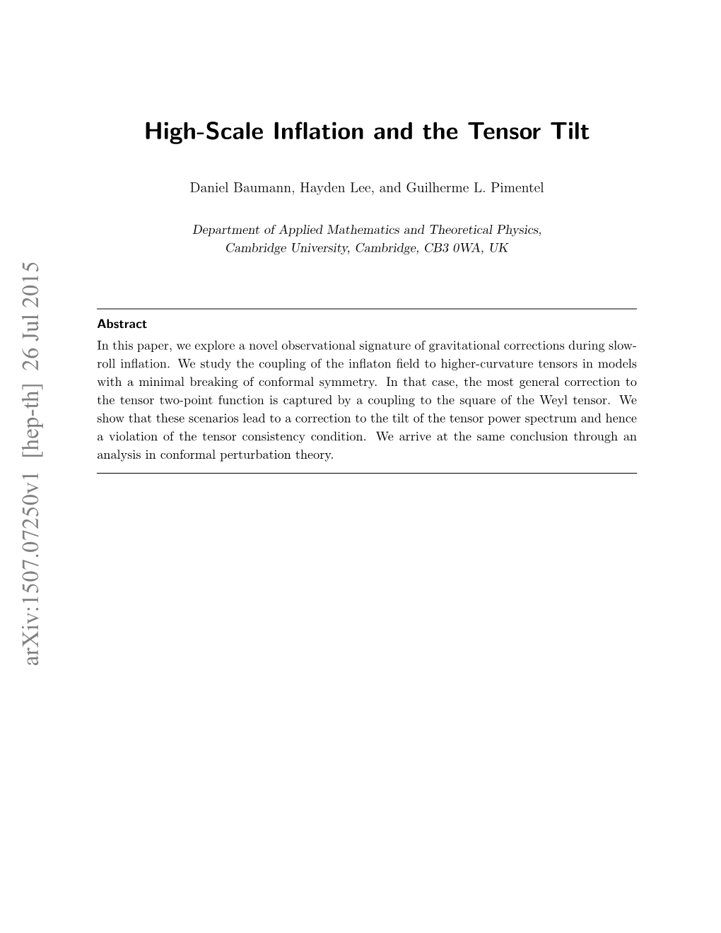 High-Scale Inflation and the Tensor Tilt Arxiv:1507.07250V1 [Hep-Th]
