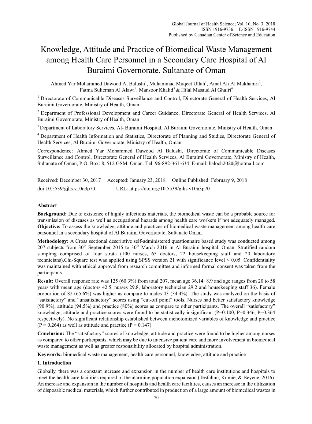 Knowledge, Attitude and Practice of Biomedical Waste Management Among Health Care Personnel in a Secondary Care Hospital of Al Buraimi Governorate, Sultanate of Oman