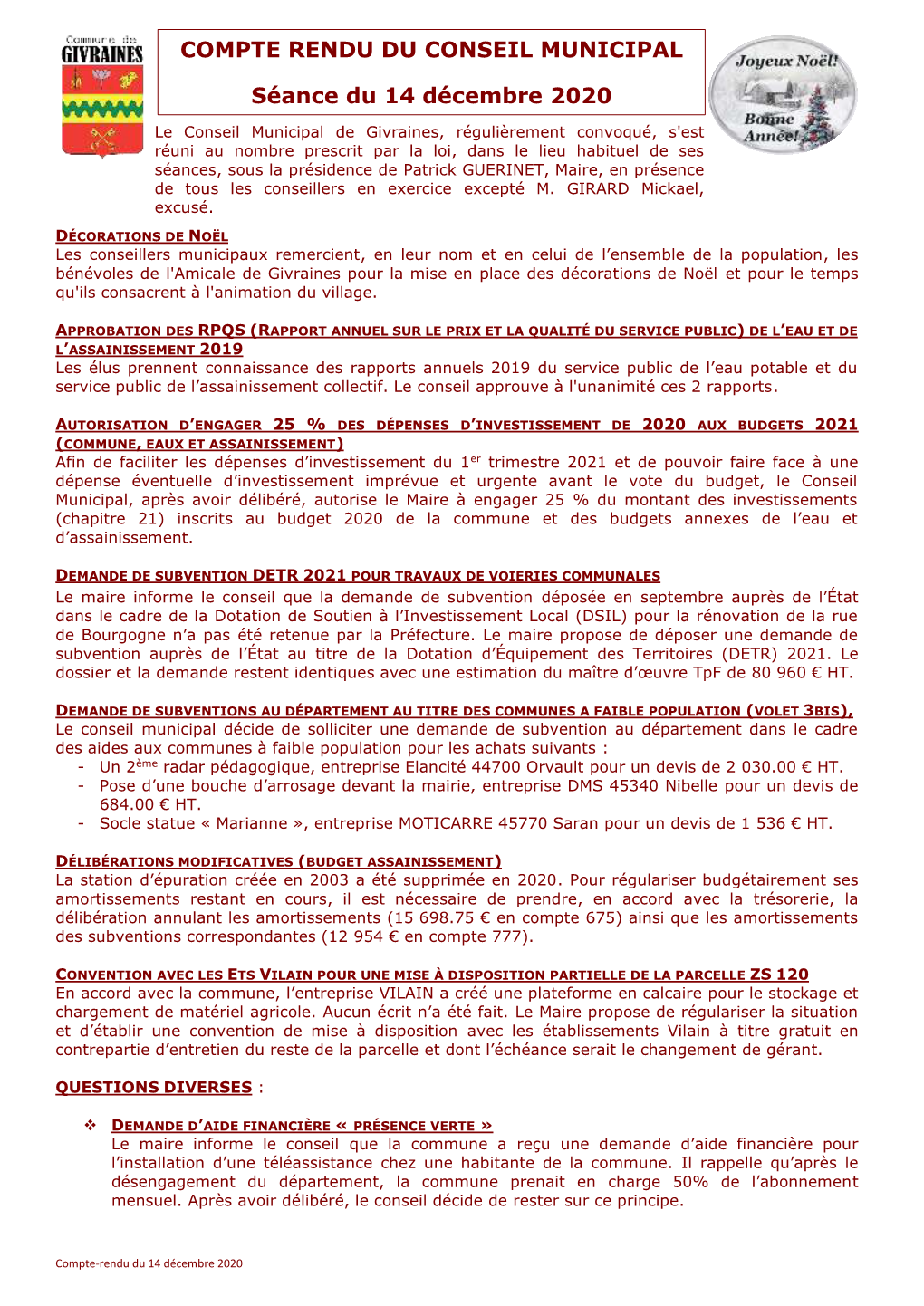 COMPTE RENDU DU CONSEIL MUNICIPAL Séance Du