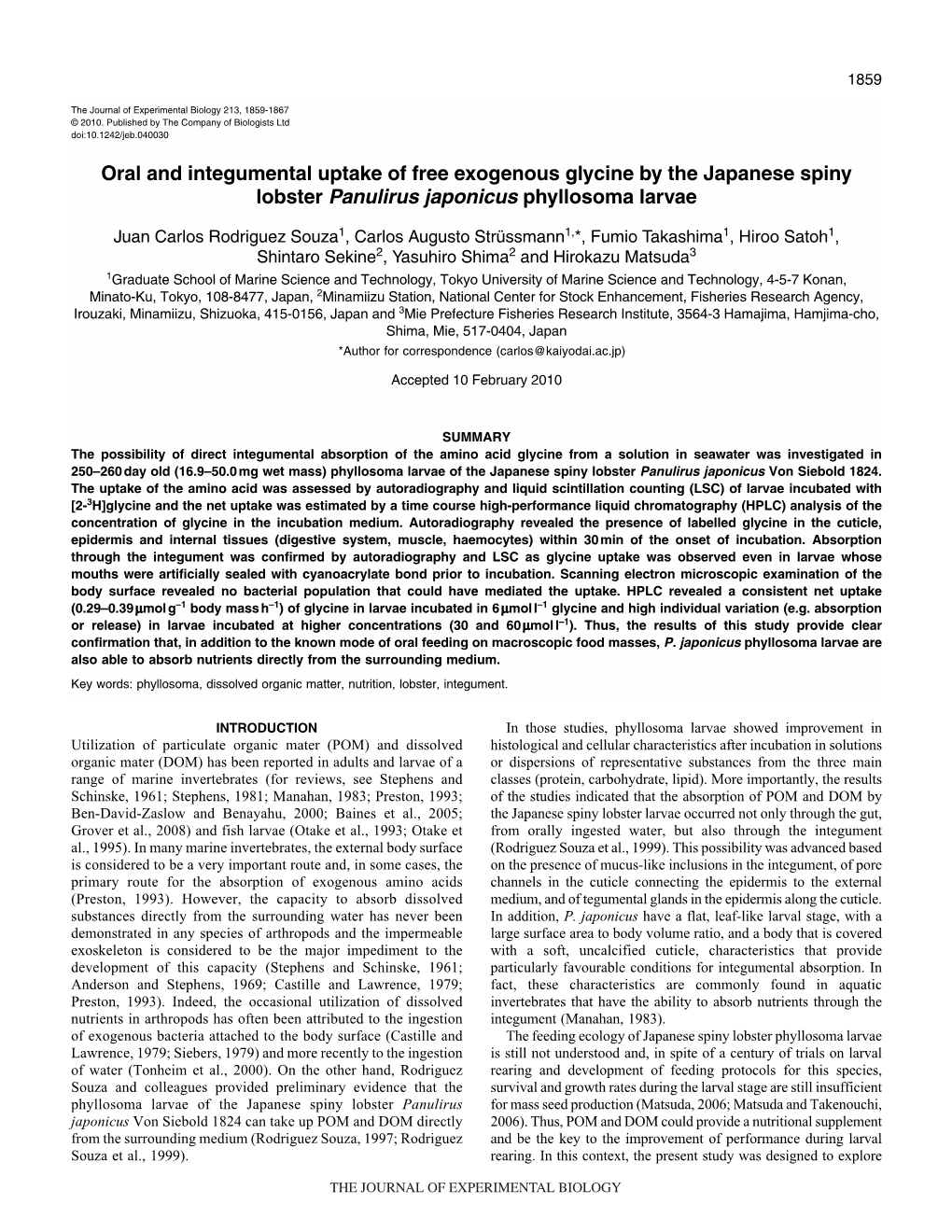 Oral and Integumental Uptake of Free Exogenous Glycine by the Japanese Spiny Lobster Panulirus Japonicus Phyllosoma Larvae