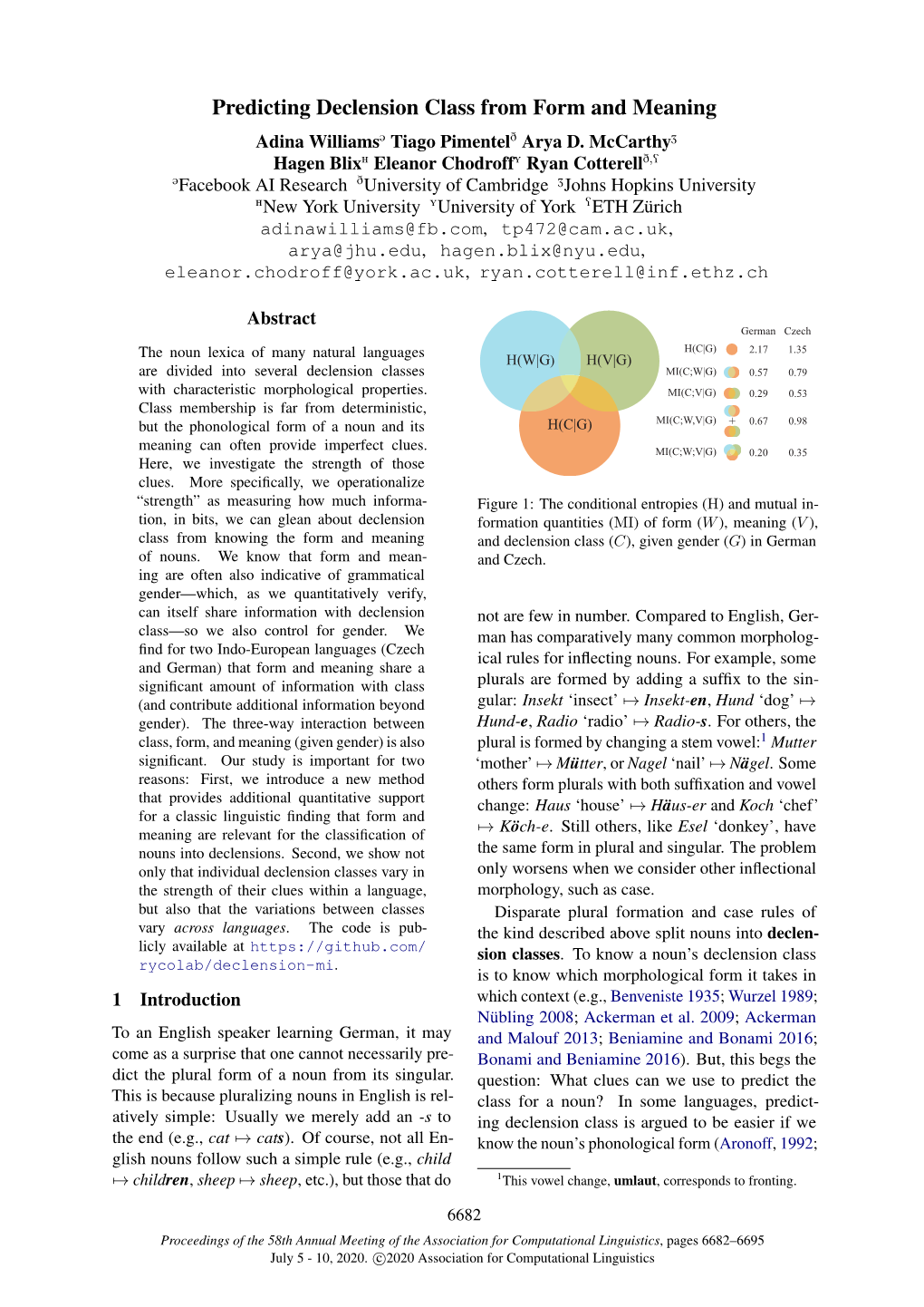 Predicting Declension Class from Form and Meaning Adina Williams@ Tiago Pimenteld Arya D