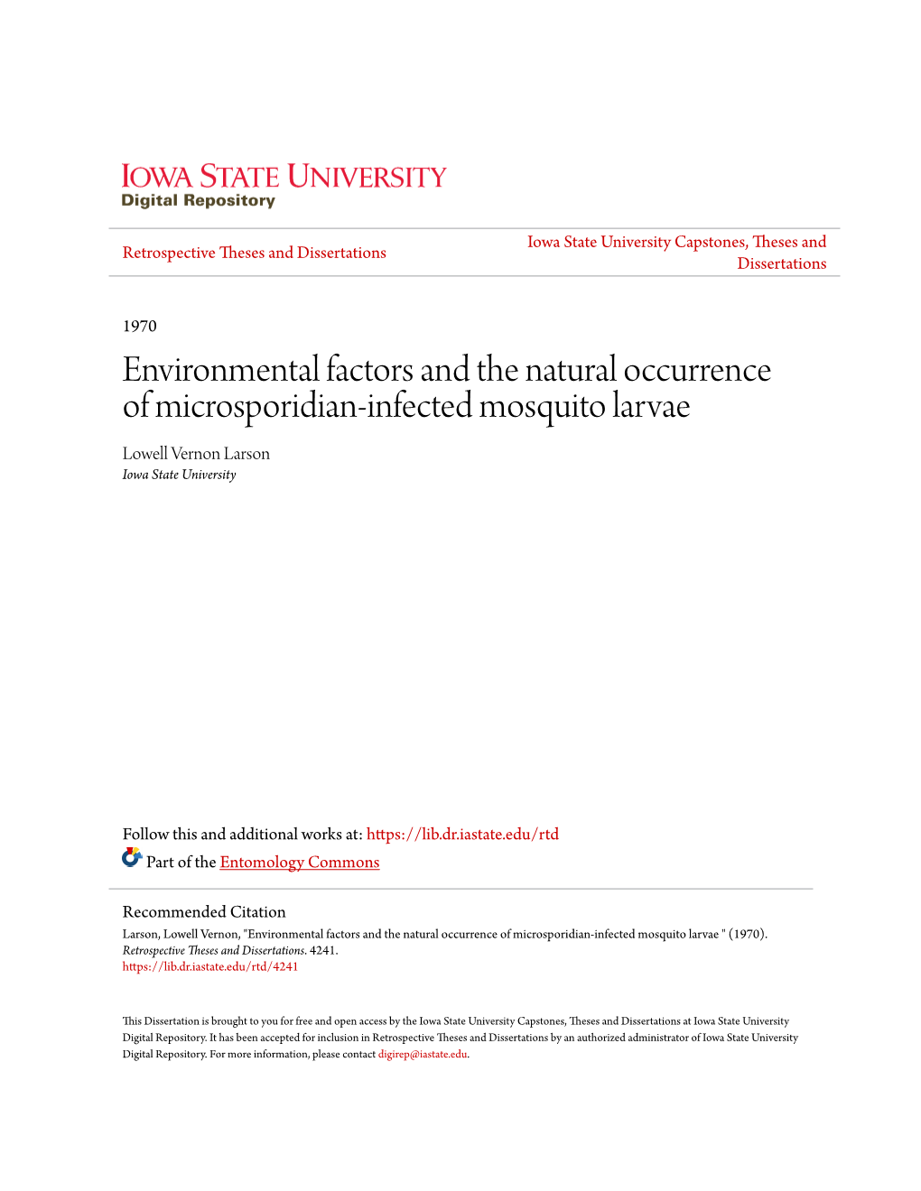 Environmental Factors and the Natural Occurrence of Microsporidian-Infected Mosquito Larvae Lowell Vernon Larson Iowa State University