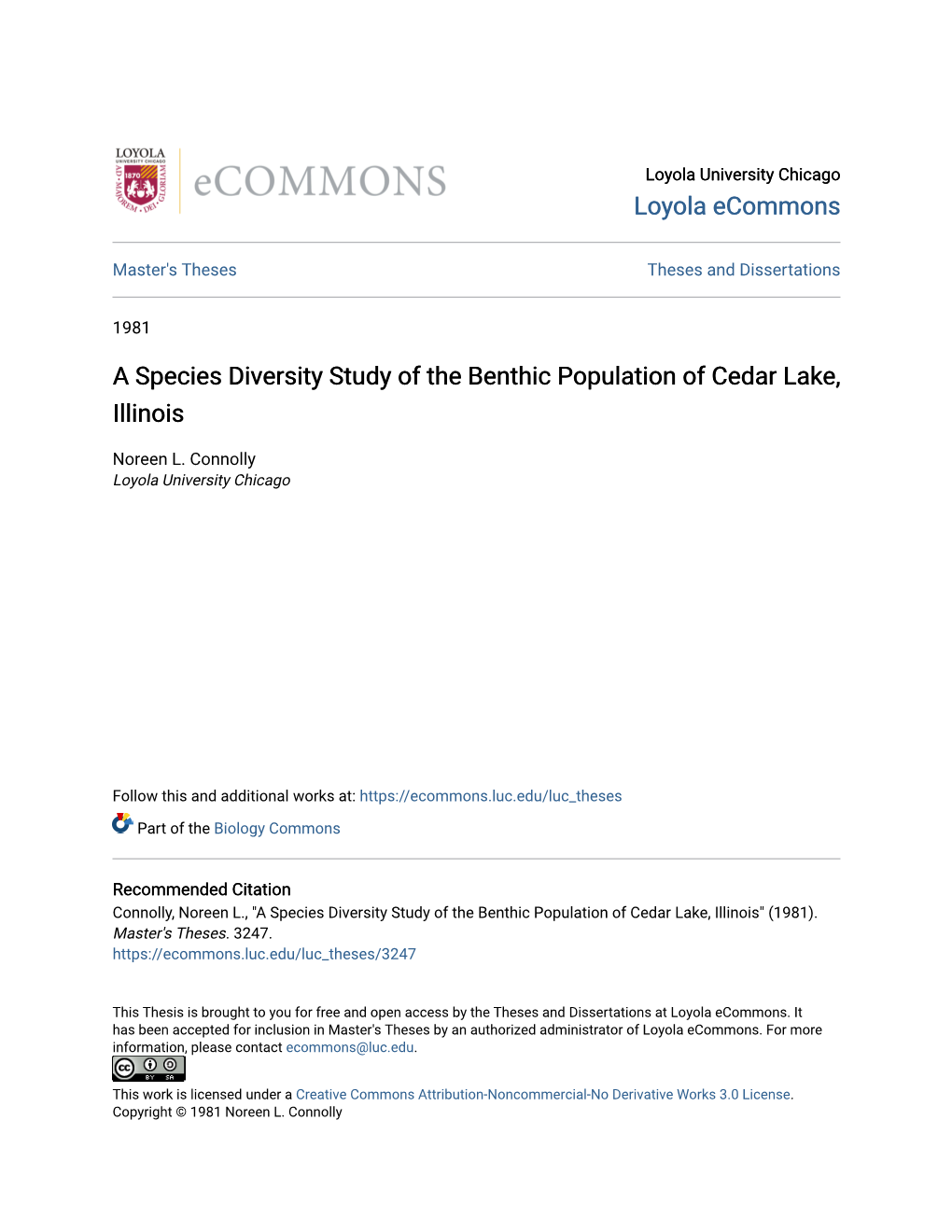 A Species Diversity Study of the Benthic Population of Cedar Lake, Illinois