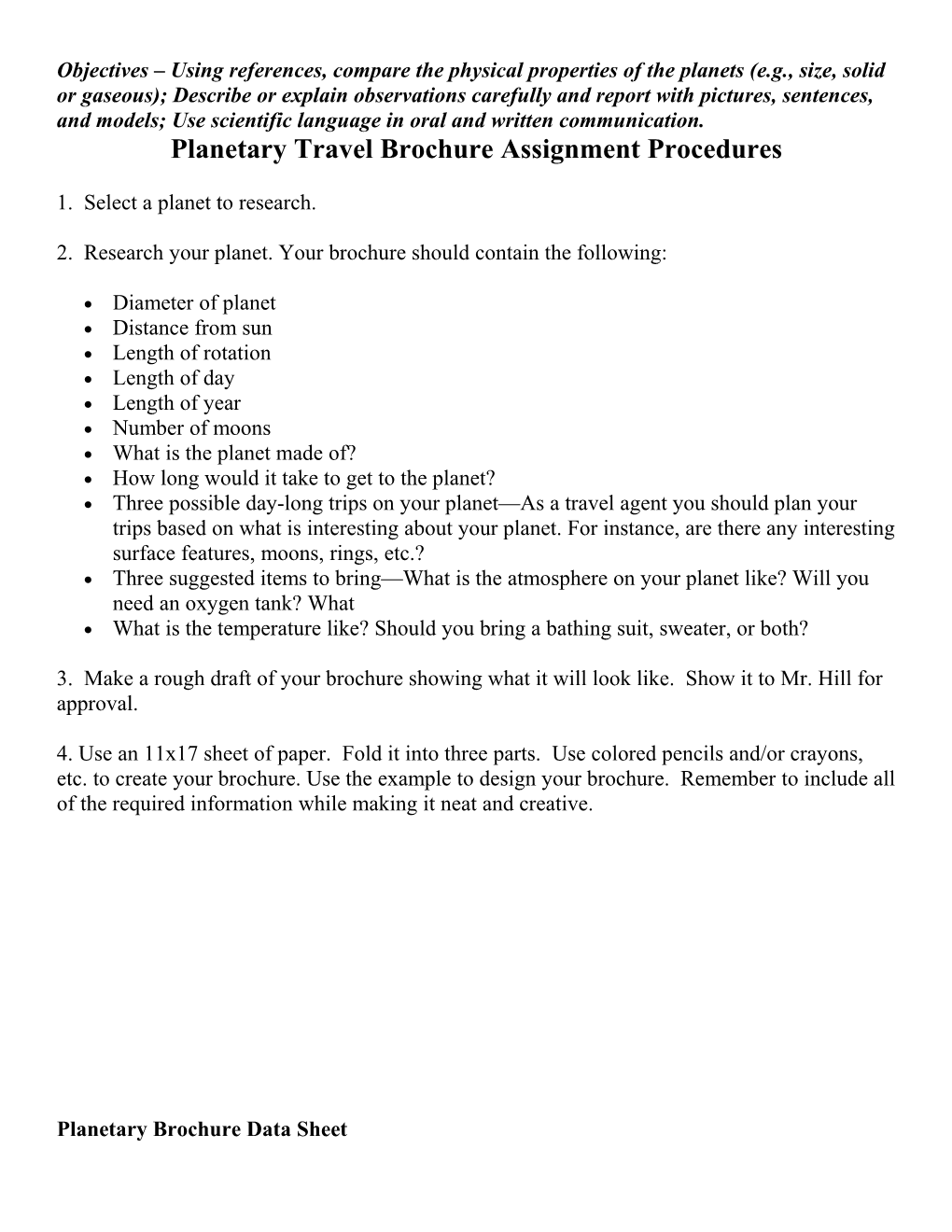 Planetary Travel Brochure Assignment Procedures