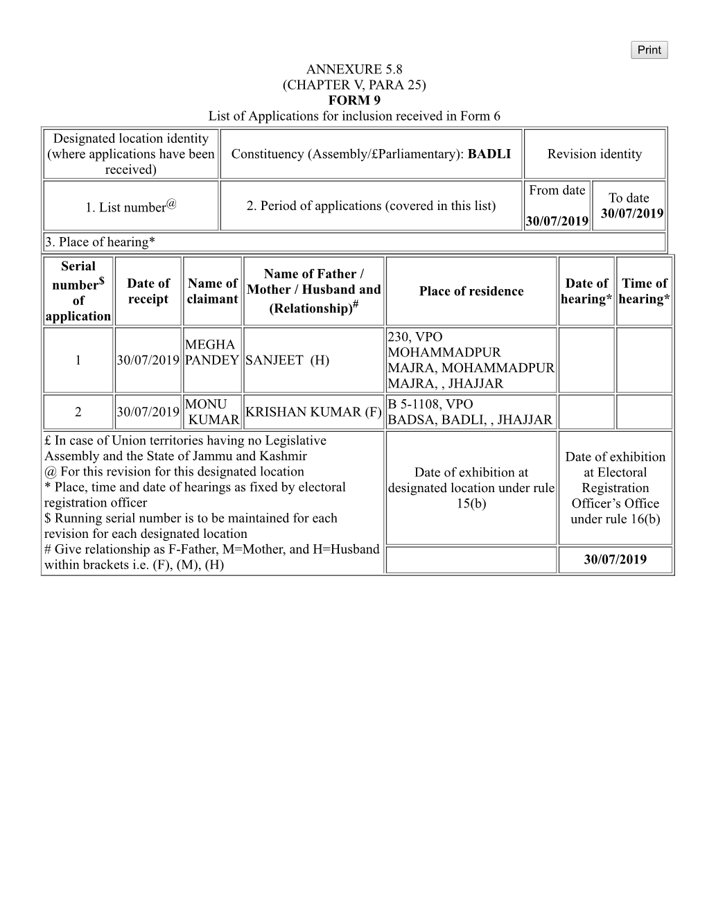 ANNEXURE 5.8 (CHAPTER V, PARA 25) FORM 9 List of Applications For