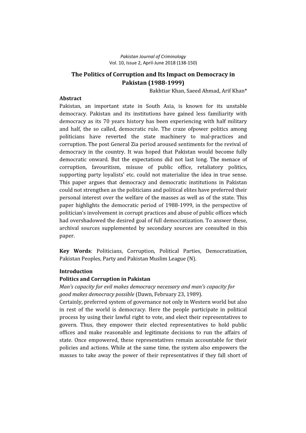 The Politics of Corruption and Its Impact on Democracy in Pakistan