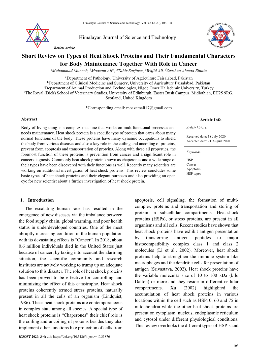 A Short Review on Types of Heat Shock Proteins and Their