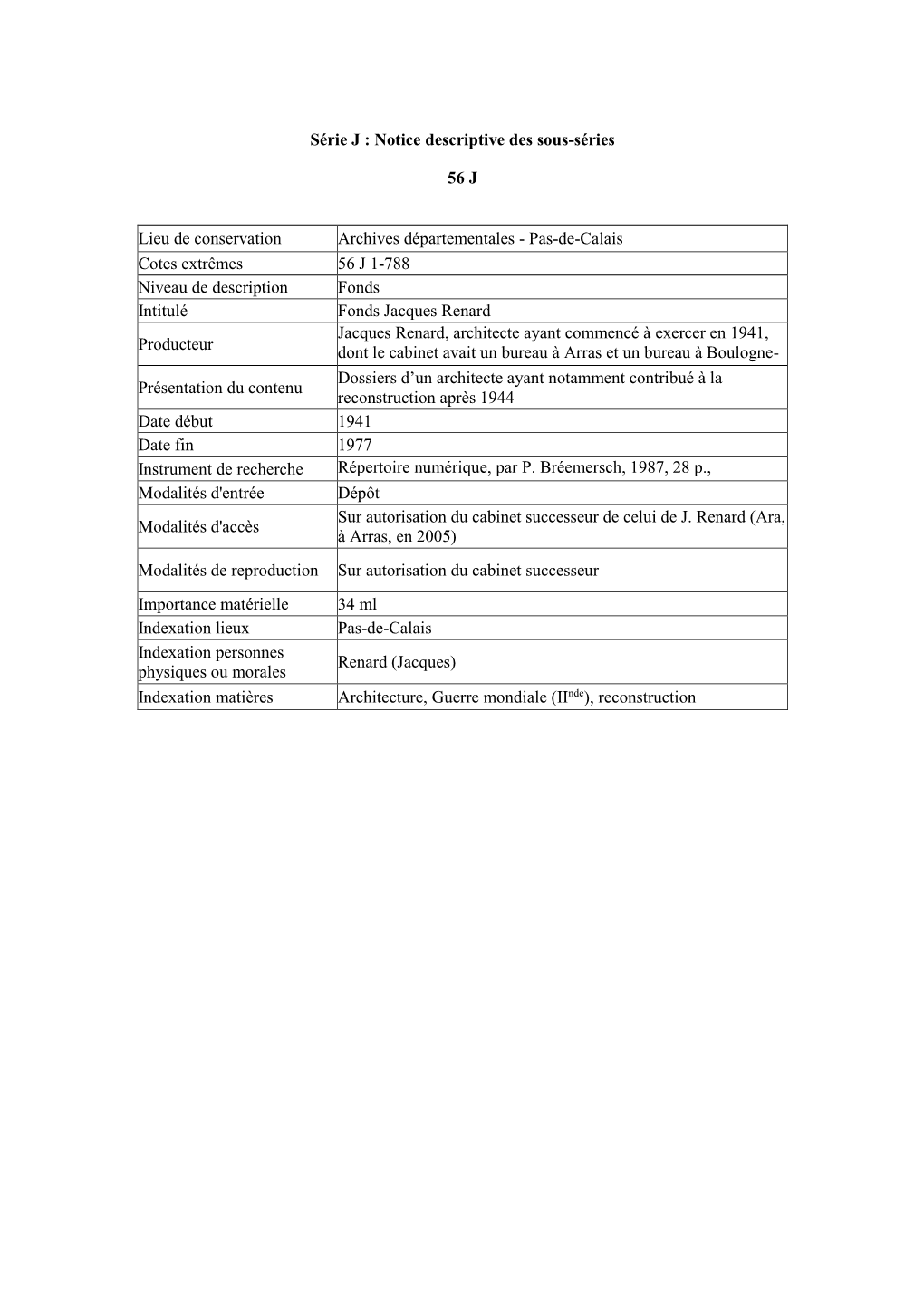 Série J : Notice Descriptive Des Sous-Séries 56 J Lieu De Conservation Archives Départementales