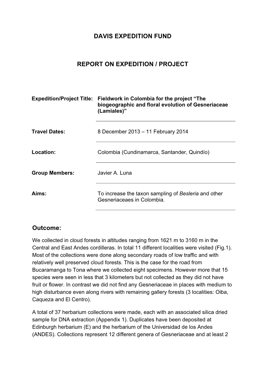 DAVIS EXPEDITION FUND REPORT on EXPEDITION / PROJECT Outcome